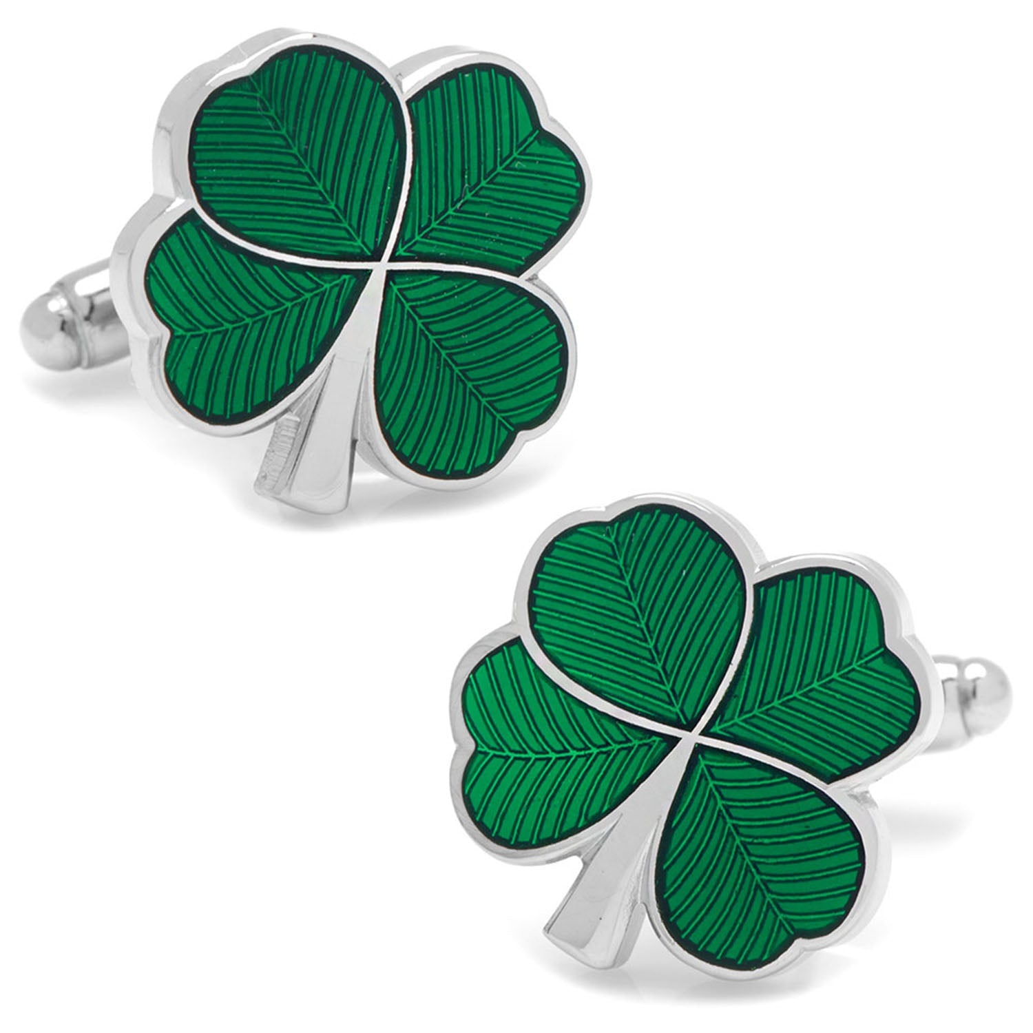 Green four-leaf clover cufflinks on a white background
