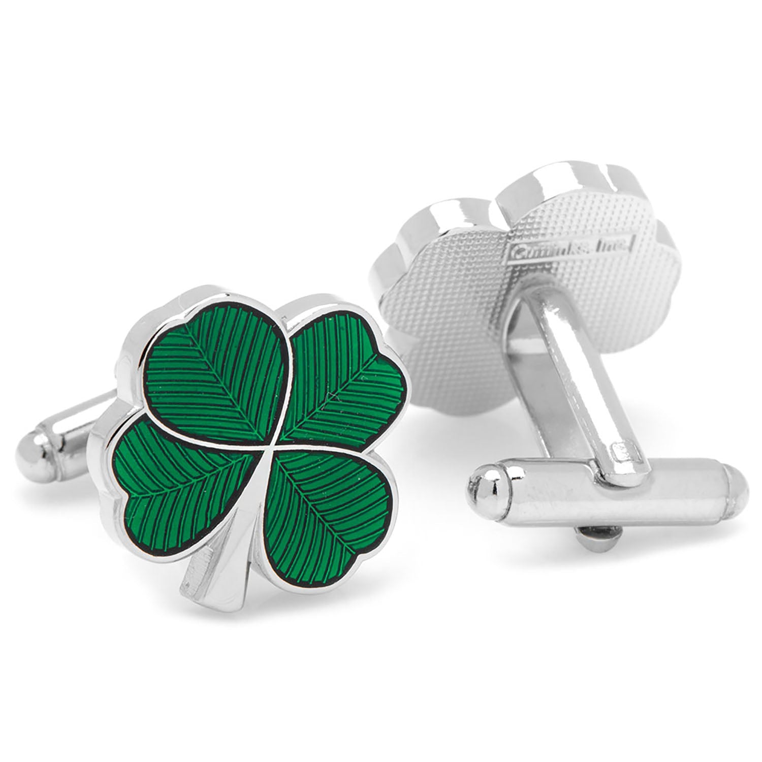 Cufflinks with green four-leaf clover design on a white background