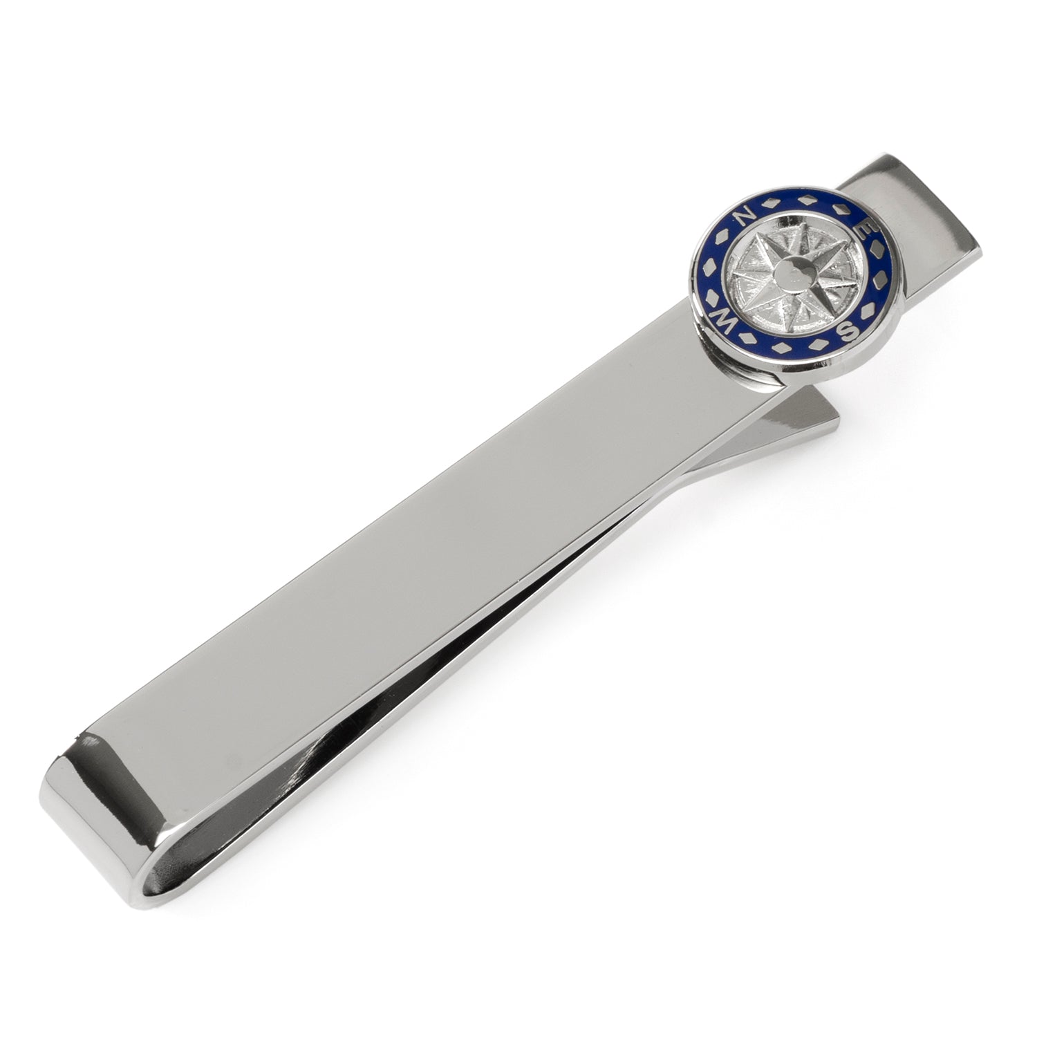 Silver tie clip with a blue and silver compass design on a white background