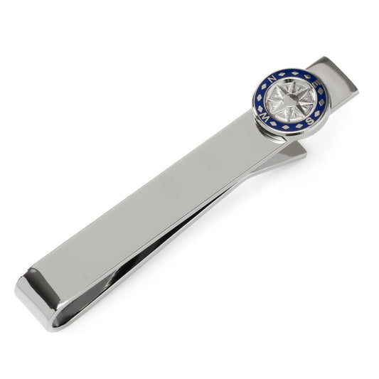Silver tie clip with a blue and silver compass design on a white background