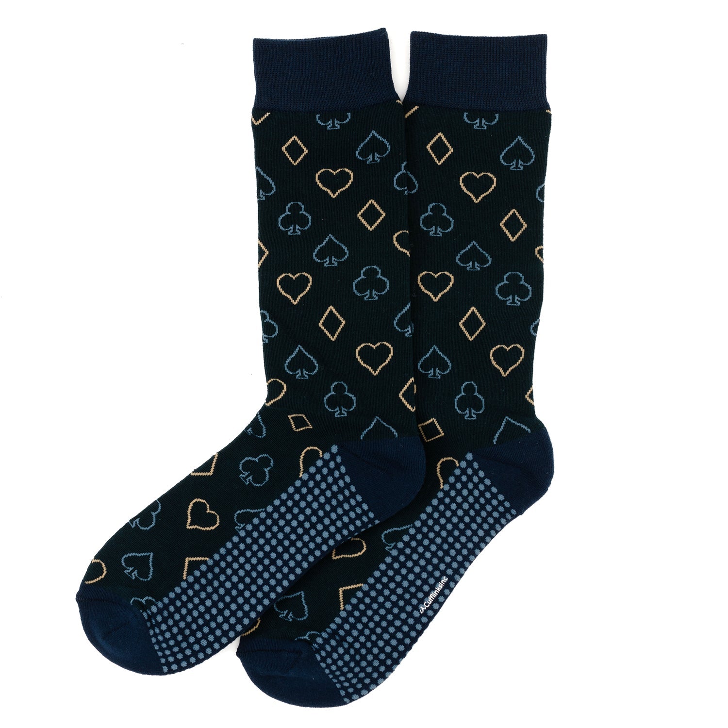 Pair of dark blue socks with card suit pattern on a white background