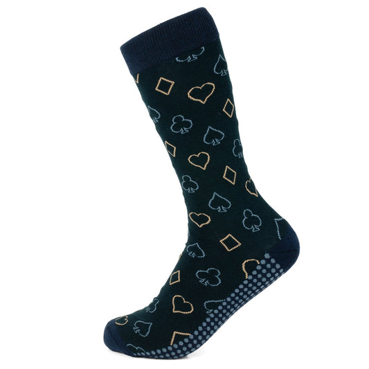 Navy sock with card suit pattern on a white background