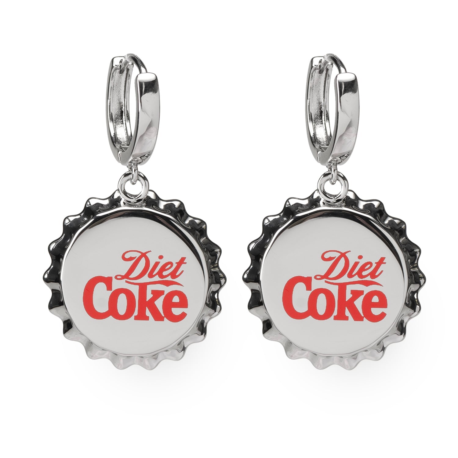 Diet Coke bottle cap earrings on a white background