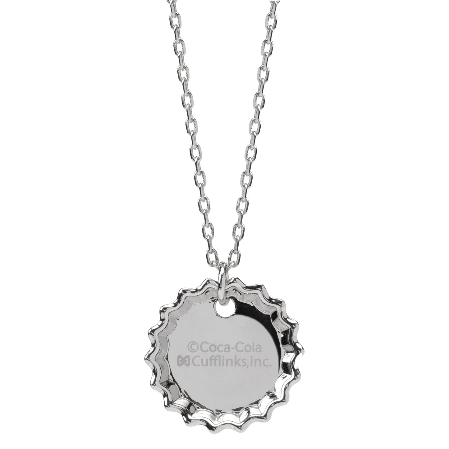 Silver necklace with a Coca-Cola bottle cap pendant on a white background
