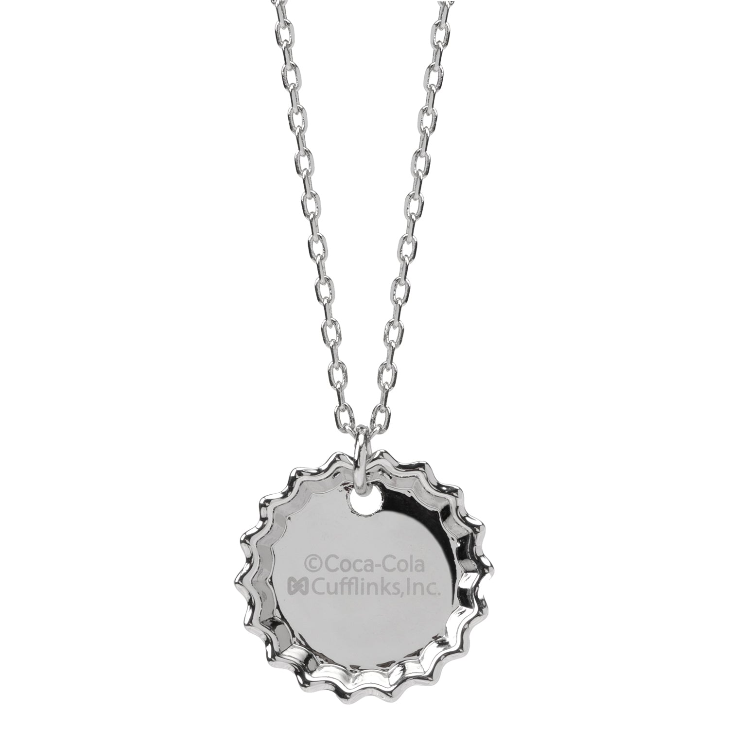 Silver necklace with a Coca-Cola bottle cap pendant on a white background
