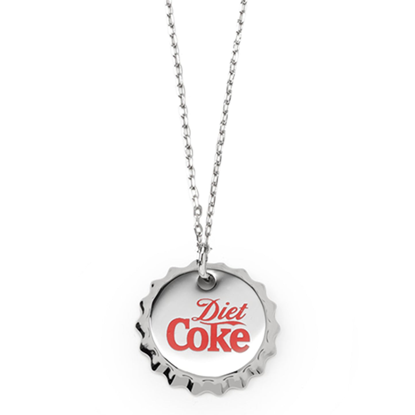 Necklace with Diet Coke bottle cap pendant on a white background