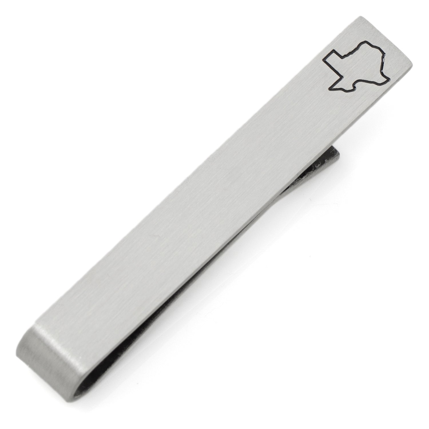 Silver tie clip with Texas outline design on a white background