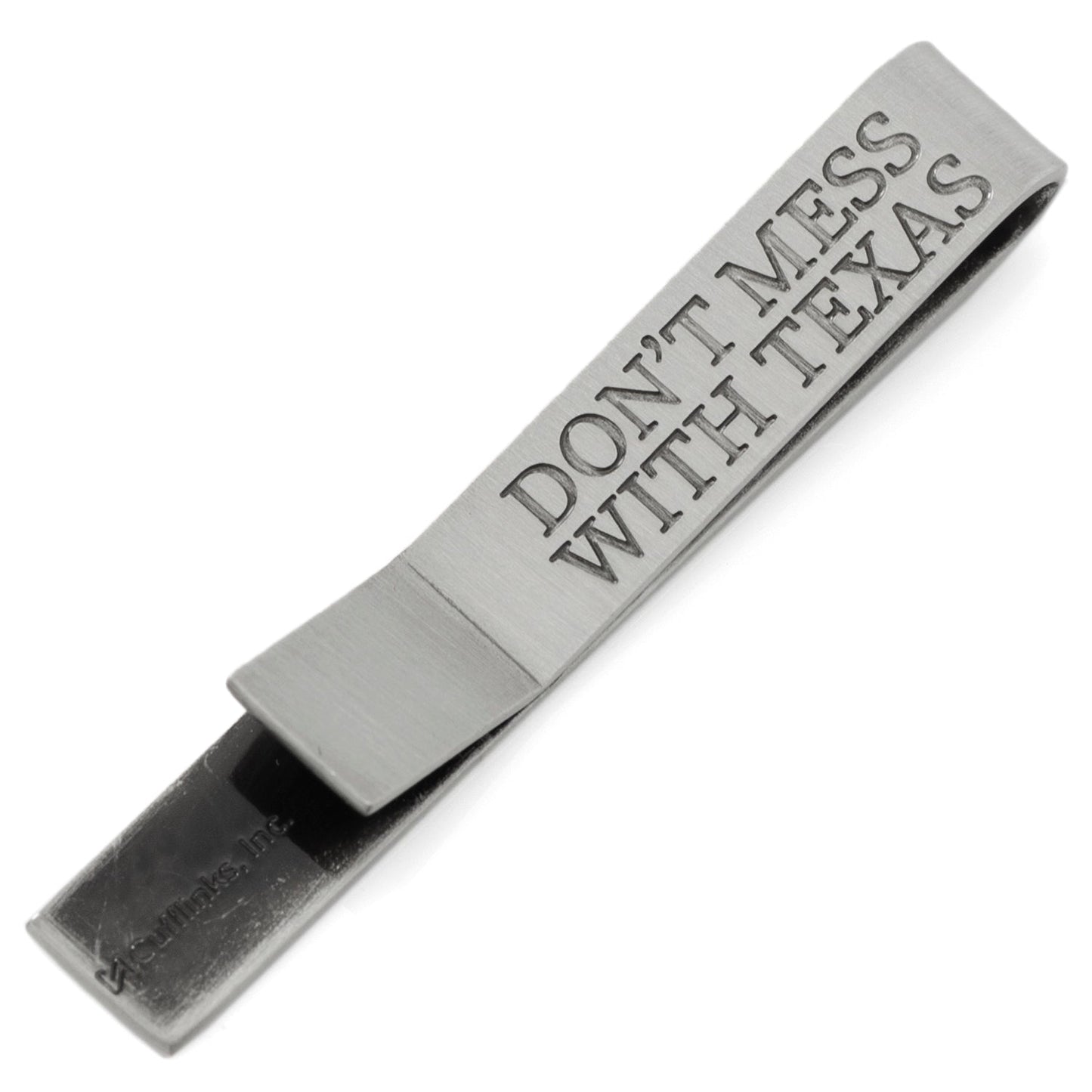 Silver money clip with 'Don't Mess with Texas' text on a white background