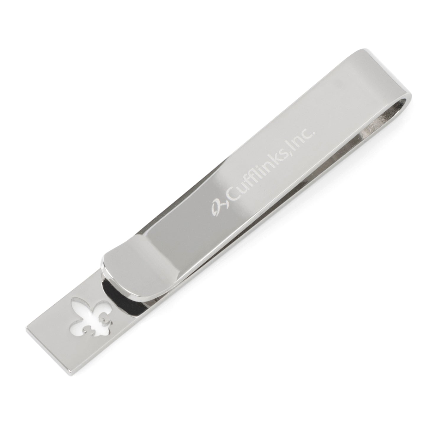 Silver tie clip with 'Cummins Inc.' engraving on a white background