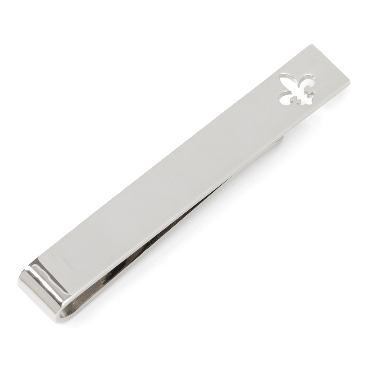 Silver tie clip with a fleur-de-lis design on a white background