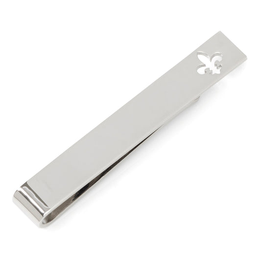 Silver tie clip with a fleur-de-lis design on a white background