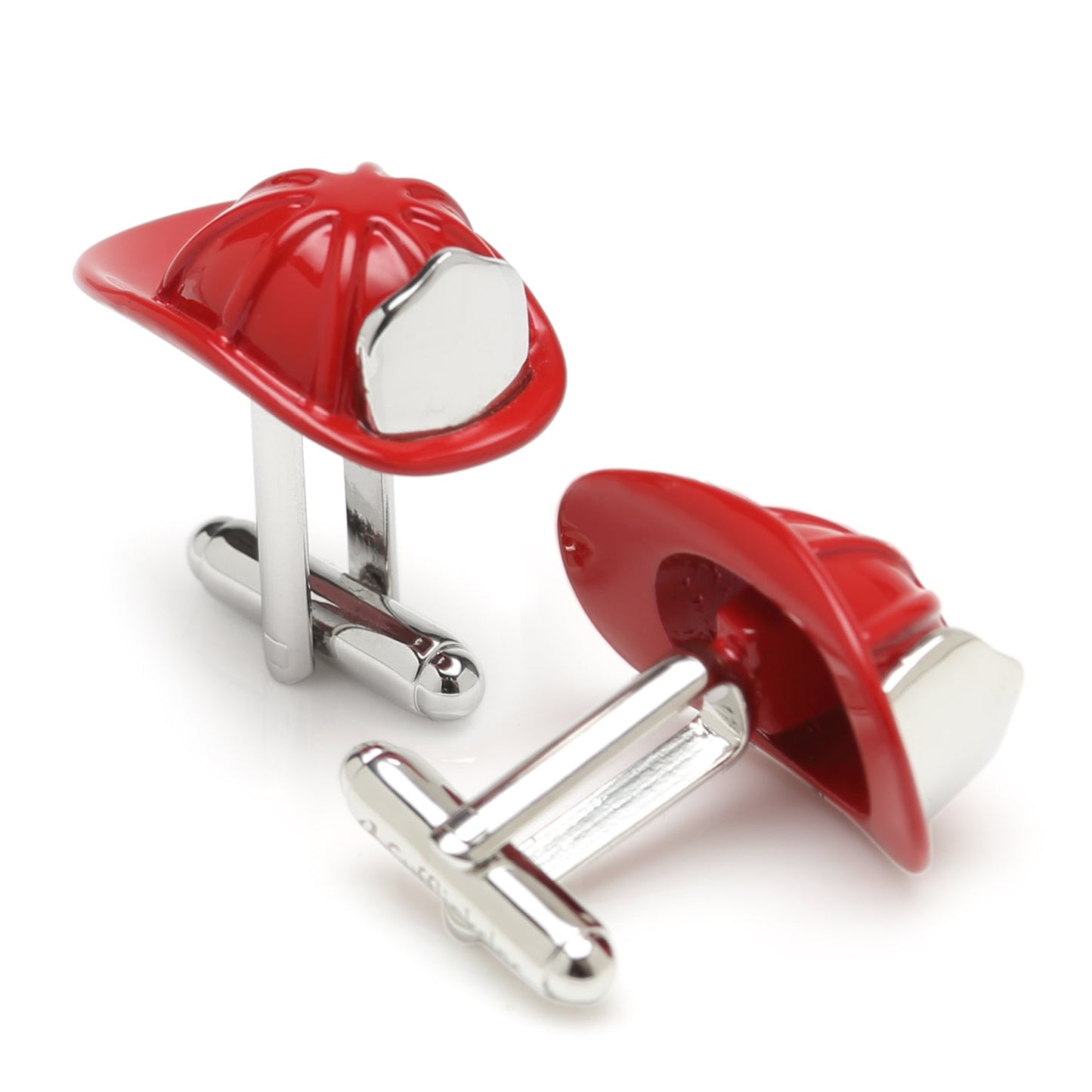 Red and silver hard hat cufflinks on a white background