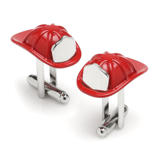 Red hard hat cufflinks on a white background