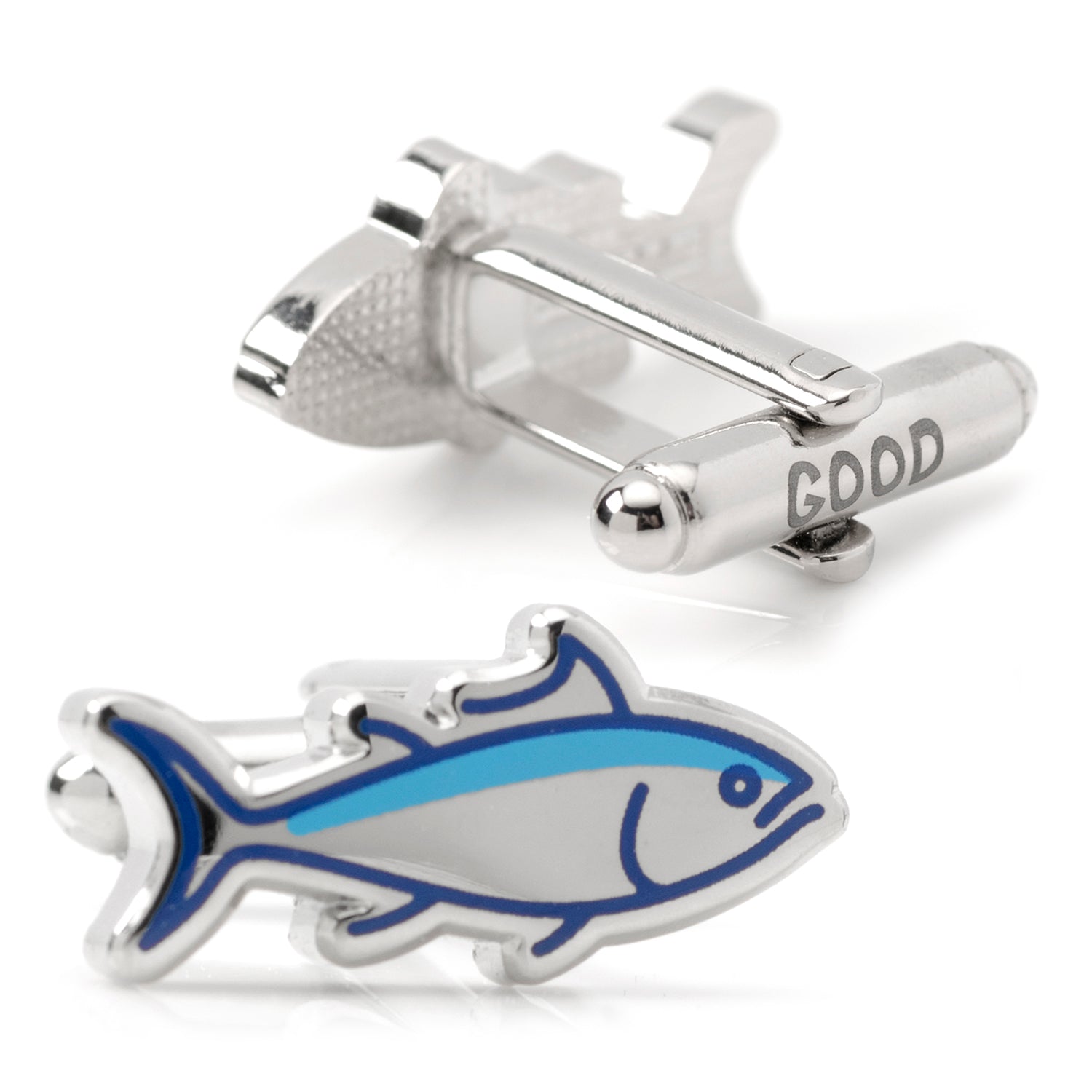 Cufflinks with fish design and engraved text on a white background