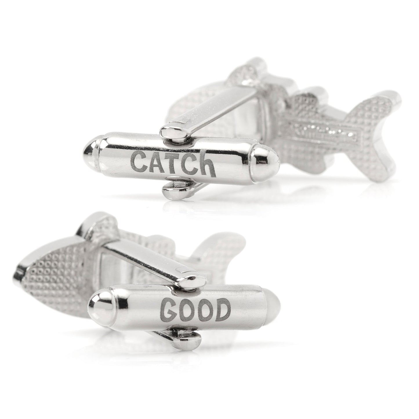 Silver fish-shaped cufflinks with 'CATCH' and 'GOOD' text on a white background