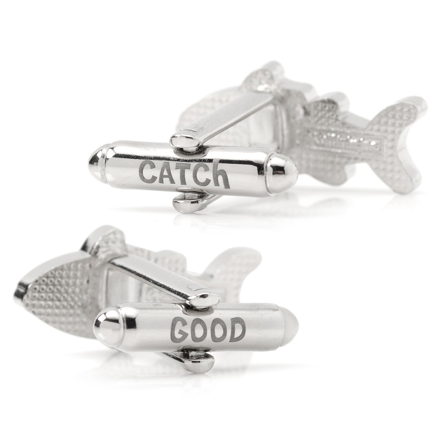 Silver fish-shaped cufflinks with 'CATCH' and 'GOOD' text on a white background