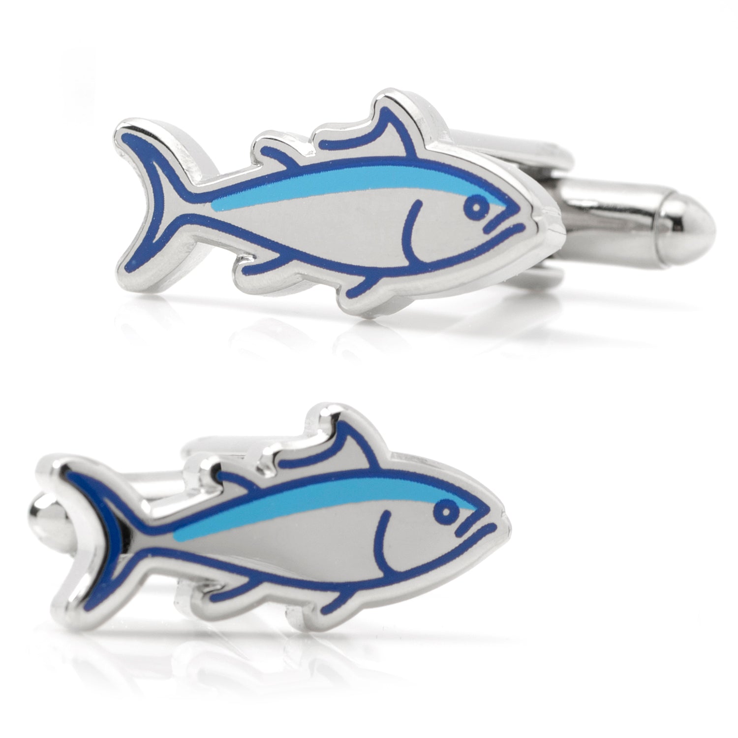 Fish-shaped cufflinks with blue and silver design on a white background