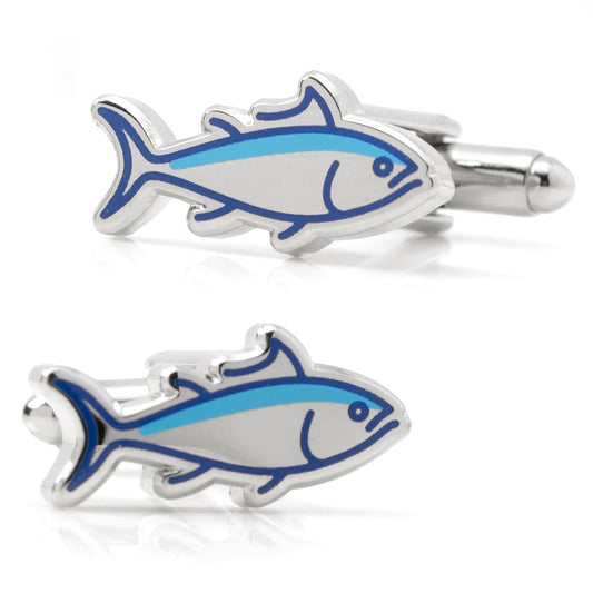 Fish-shaped cufflinks with blue and silver design on a white background