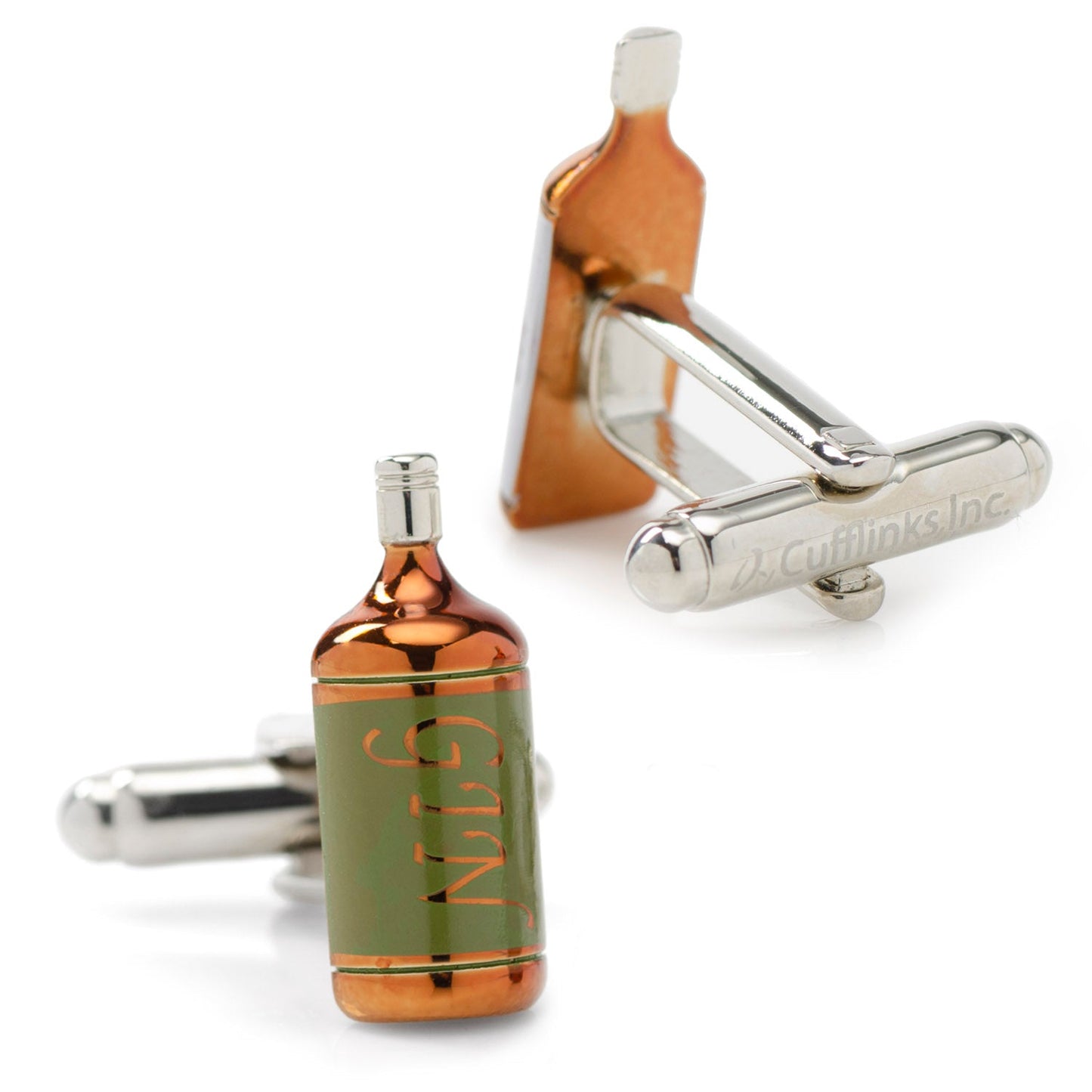 Cufflinks designed like a bottle of gin on a white background
