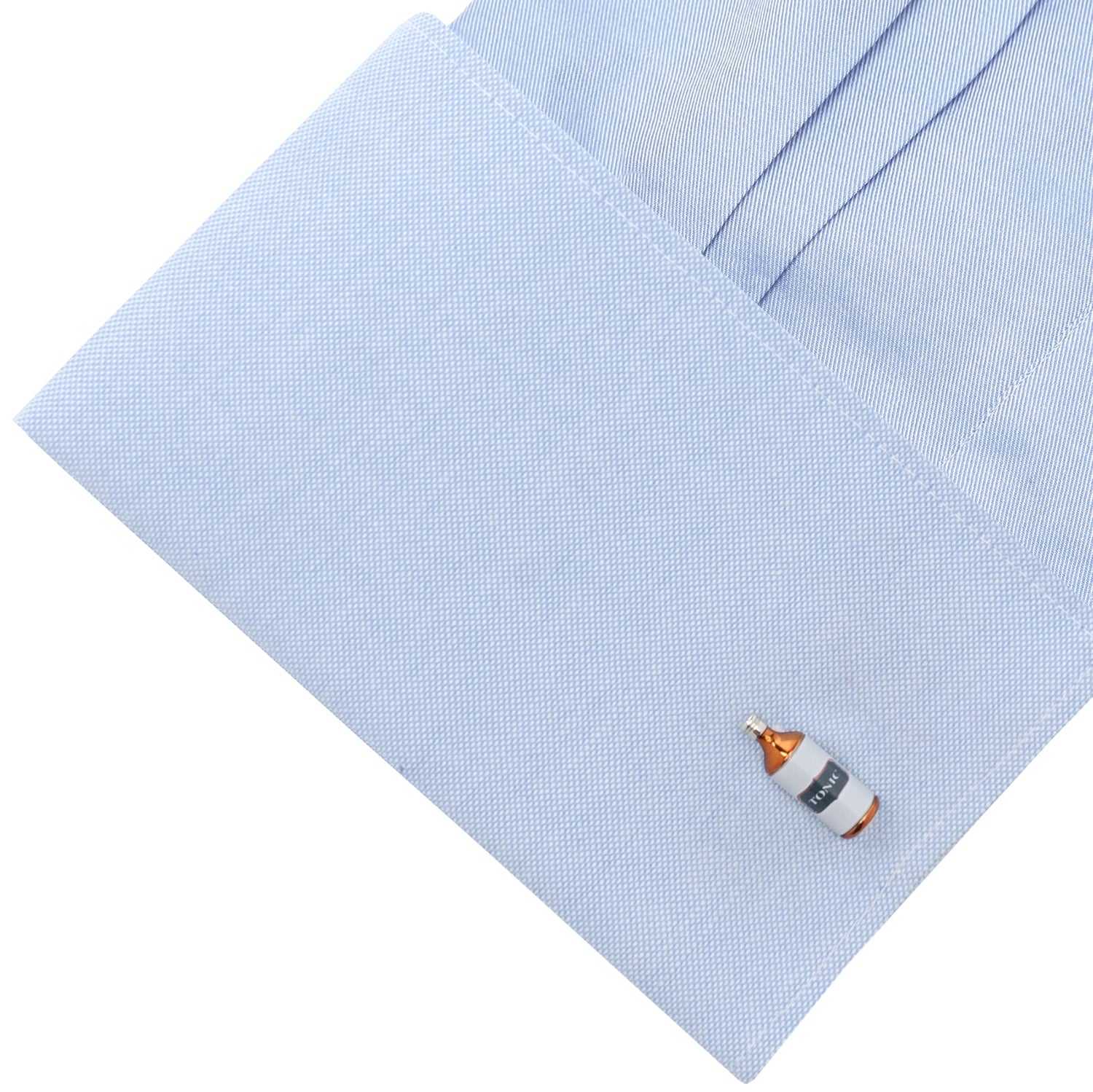 Light blue dress shirt with a small bottle design on a white background