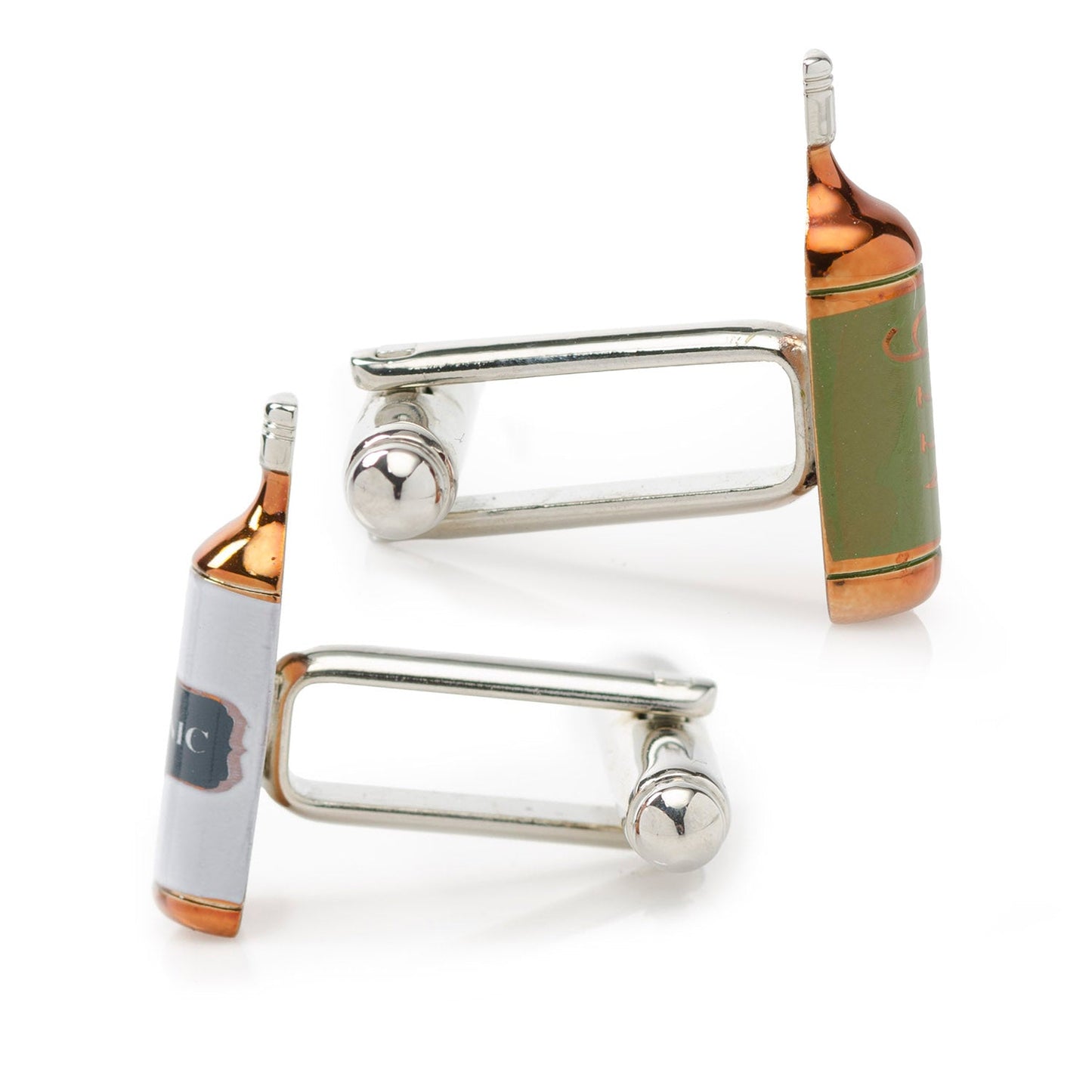 Cufflinks with bottle design on a white background