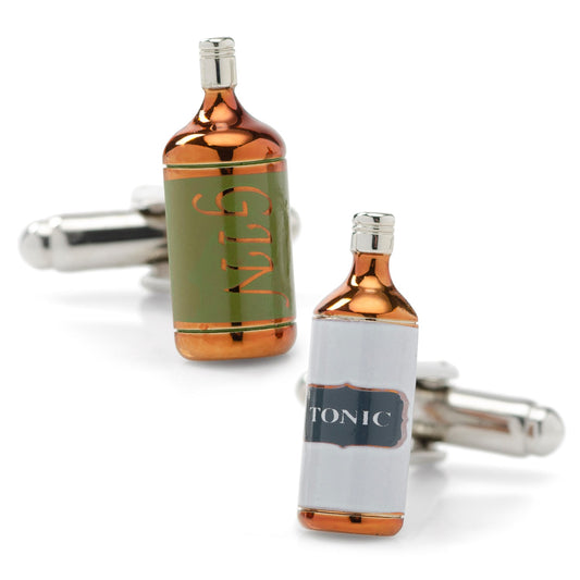 Cufflinks designed like a bottle of gin and tonic on a white background