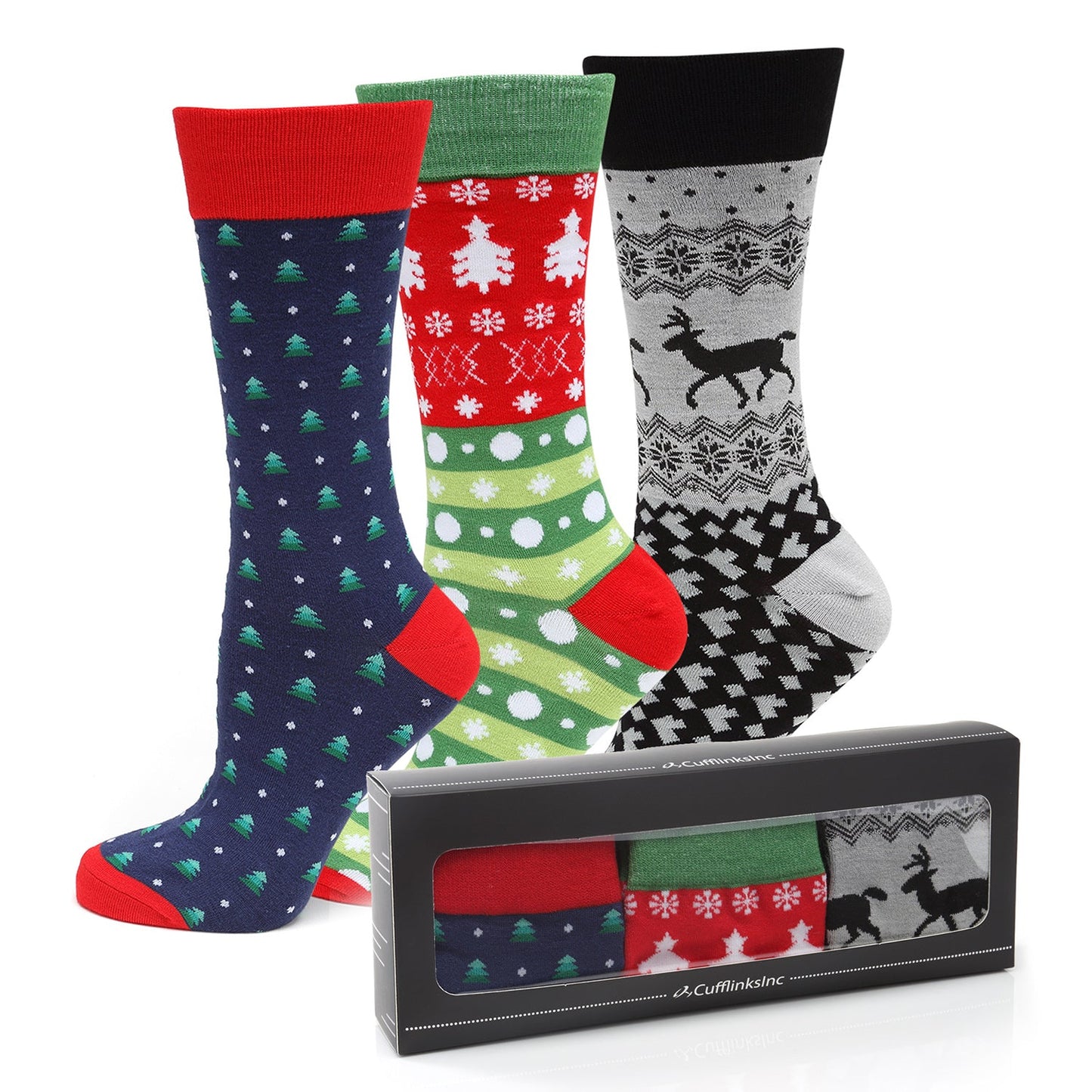 Four pairs of patterned socks with a box displaying additional designs on a white background