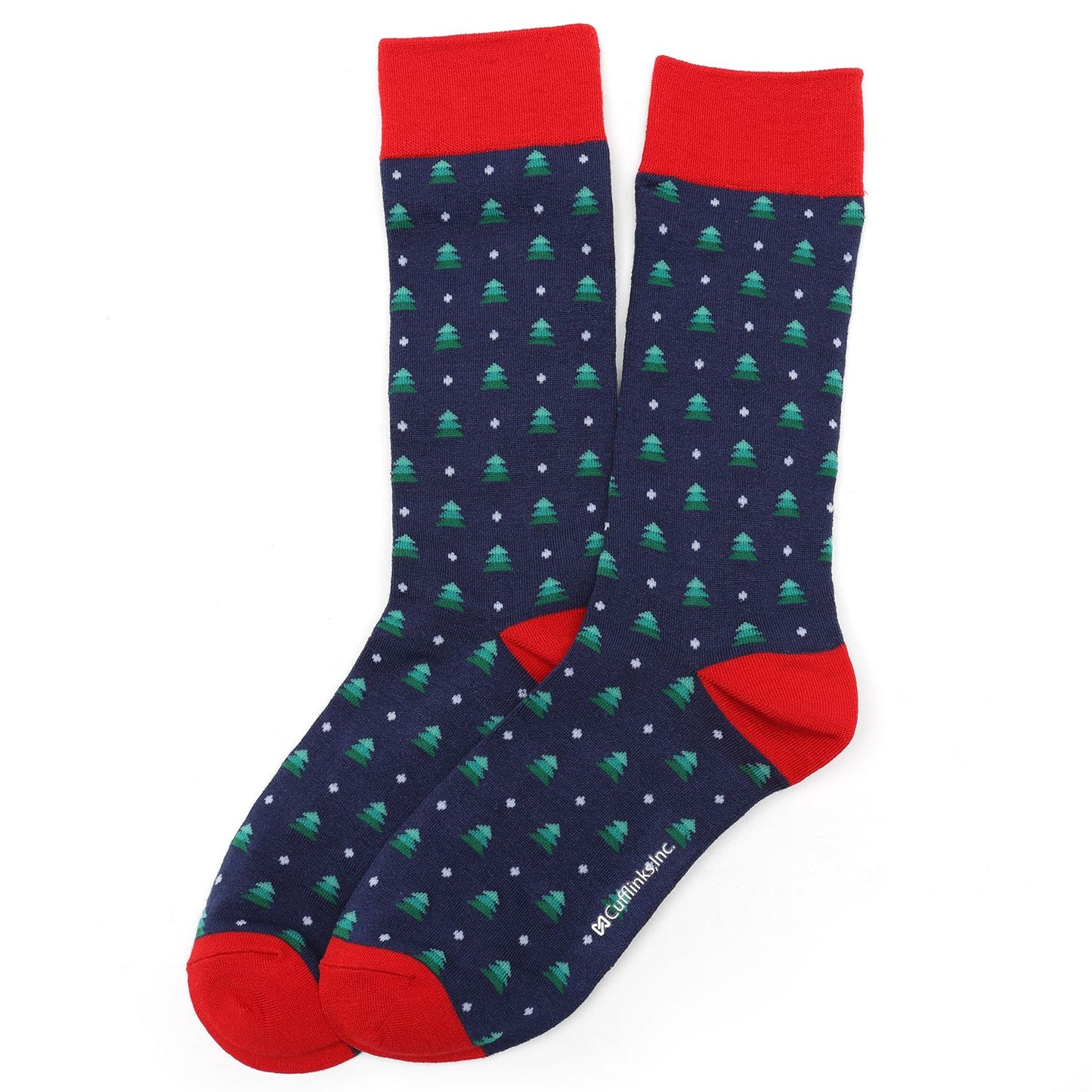 Navy blue socks with green tree pattern and red accents on a white background