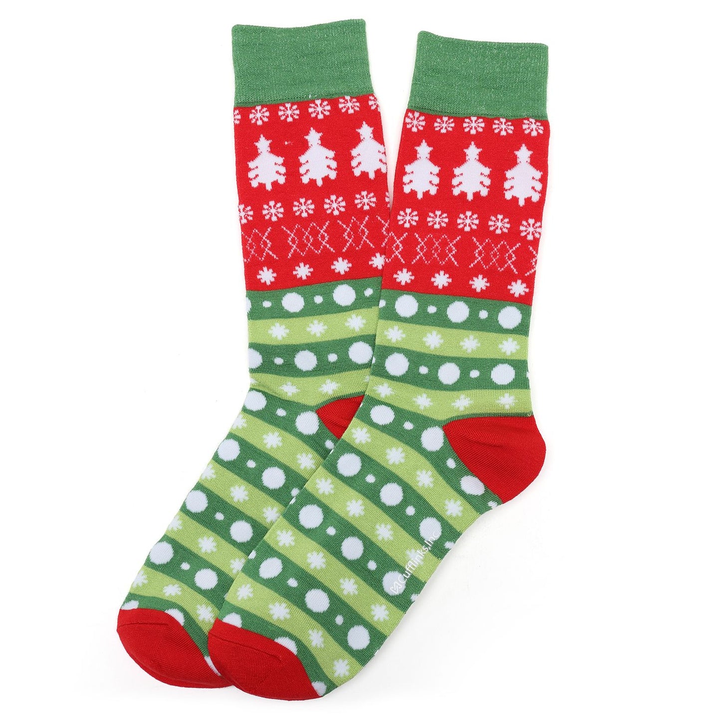 Pair of socks with Christmas tree and snowflake pattern on a white background