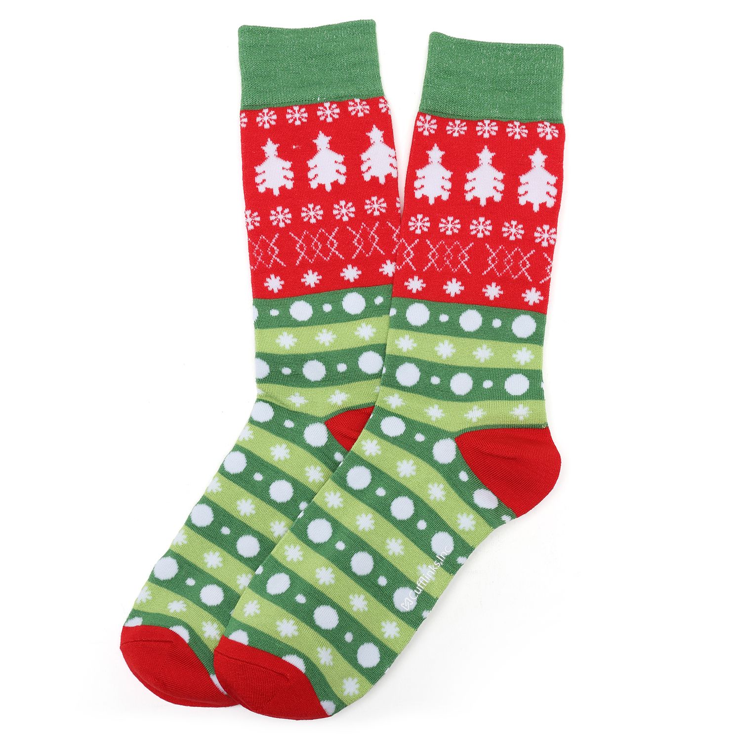 Pair of socks with Christmas tree and snowflake pattern on a white background