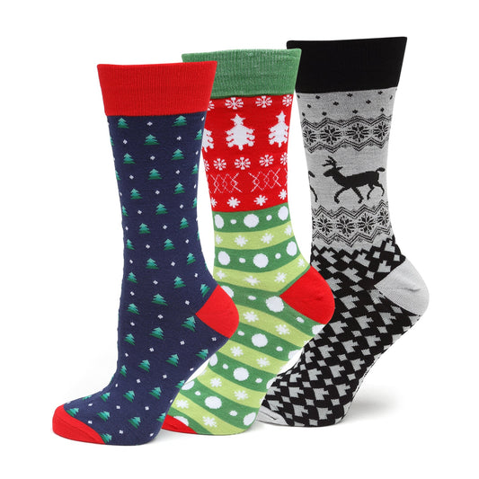 Four pairs of patterned socks in blue, green, red, and gray on a white background