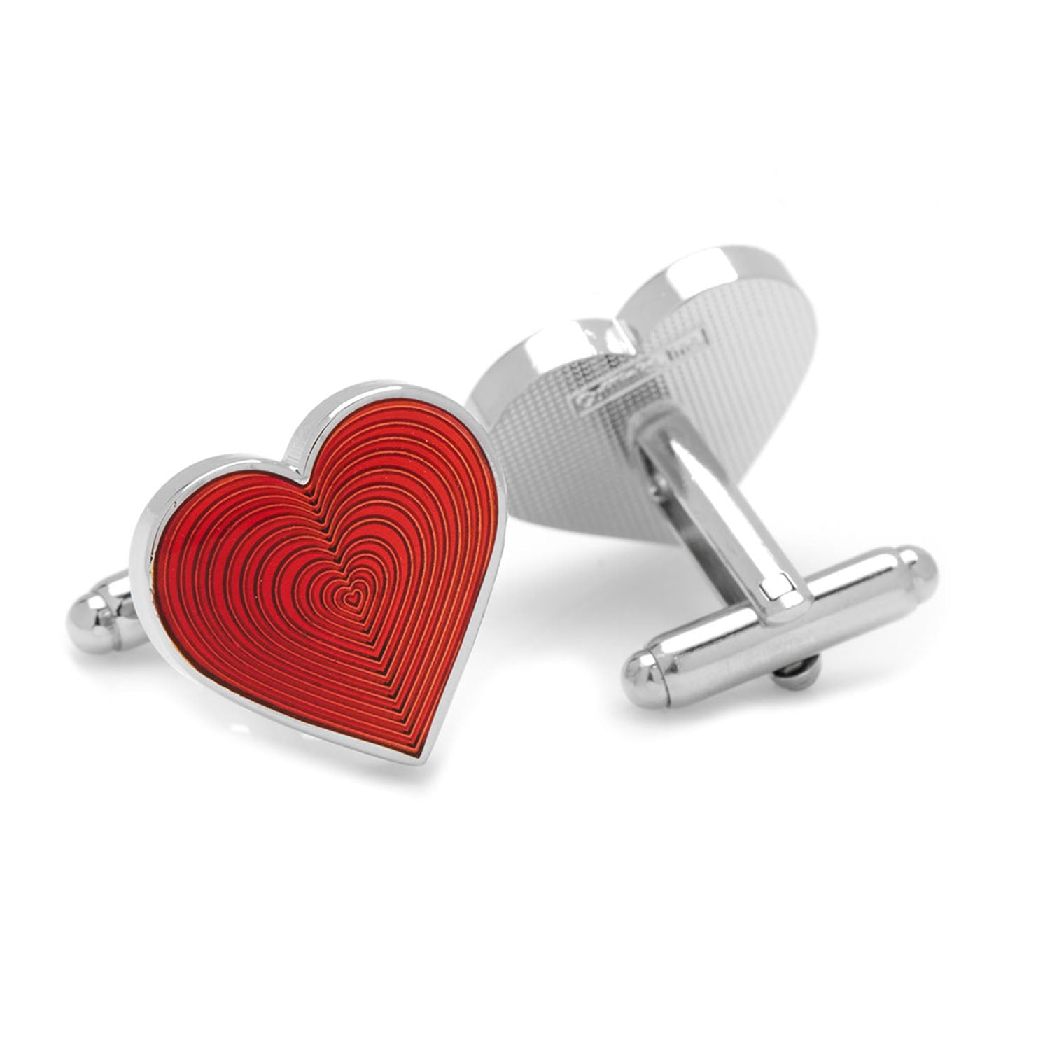 Red heart-shaped cufflinks with silver plating on a white background
