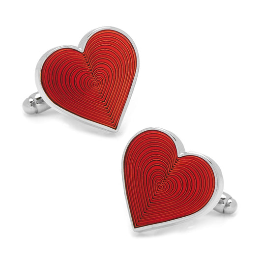 Red heart-shaped cufflinks with silver borders on a white background