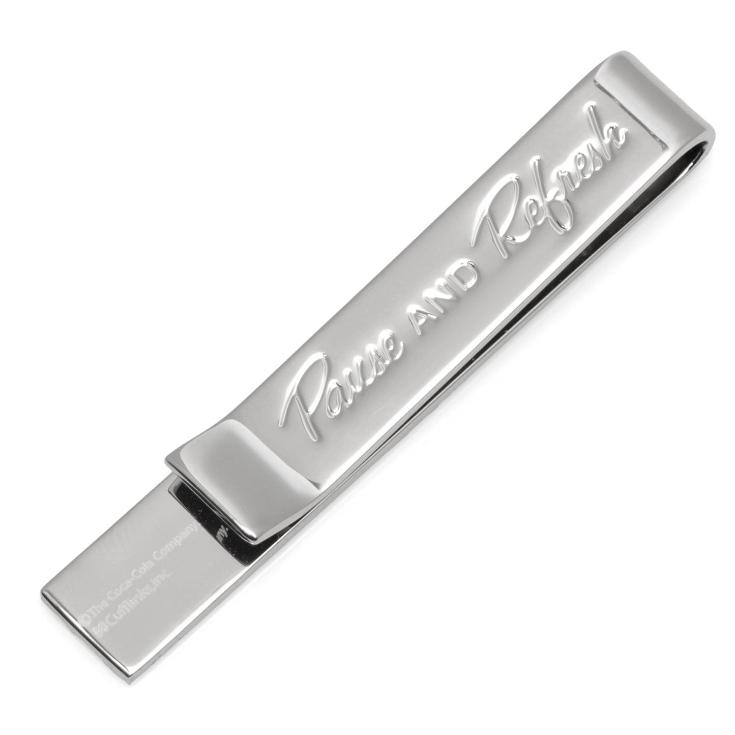 Silver tie clip with 'Pipes and Refresh' engraving on a white background