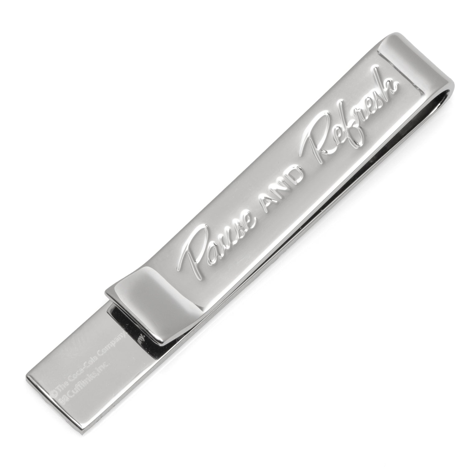 Silver tie clip with 'Pipes and Refresh' engraving on a white background