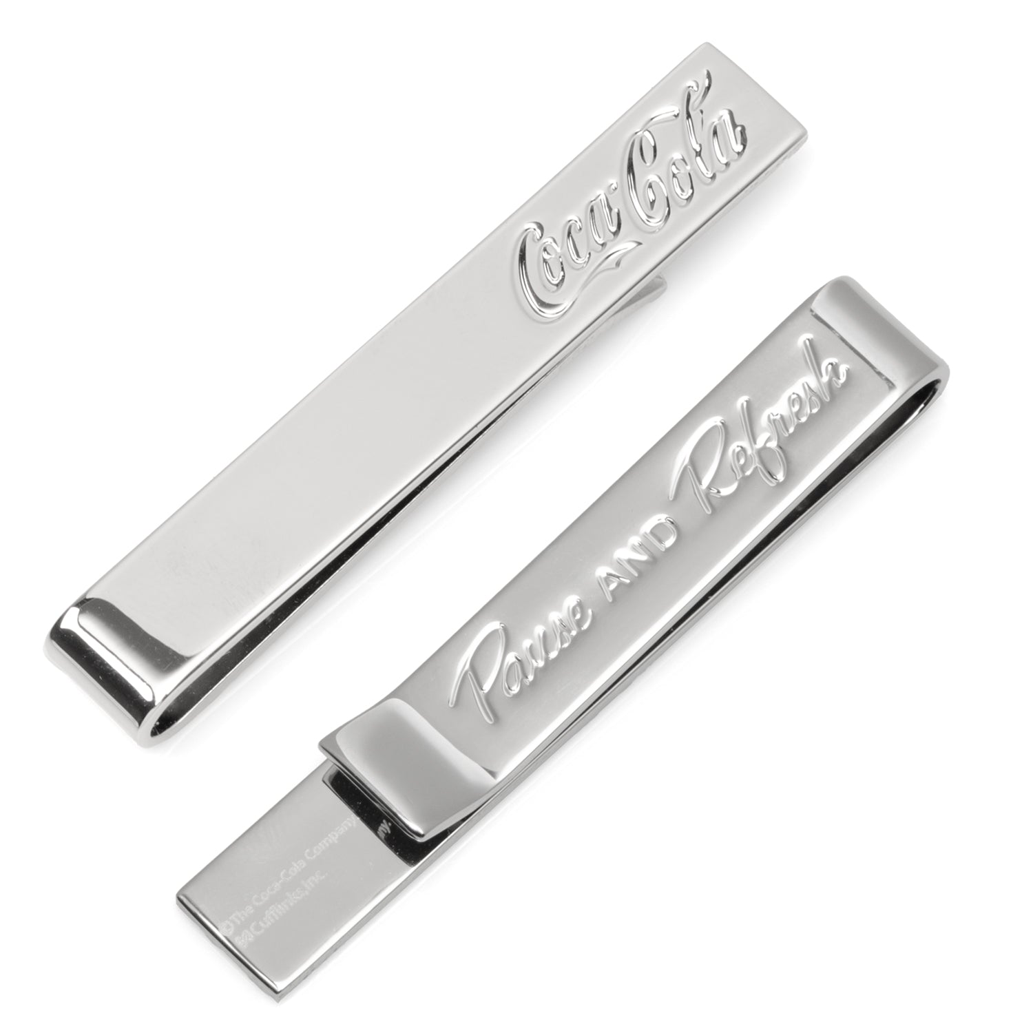 Two silver tie bars with engraved text on a white background