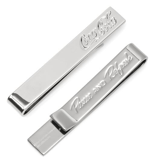 Two silver tie bars with engraved text on a white background
