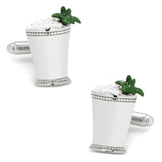 Cufflinks designed like mint julep cups with a mint leaf on a white background