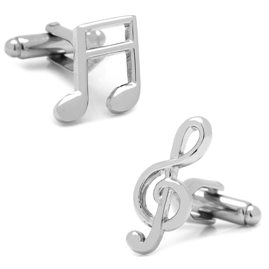 Silver music note cufflinks on a white background