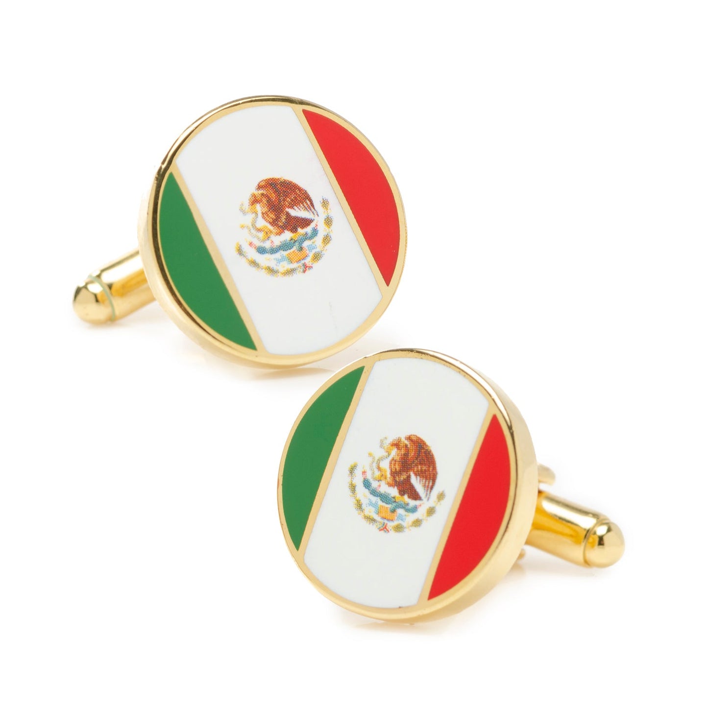 Pair of Mexican flag cufflinks on a white background