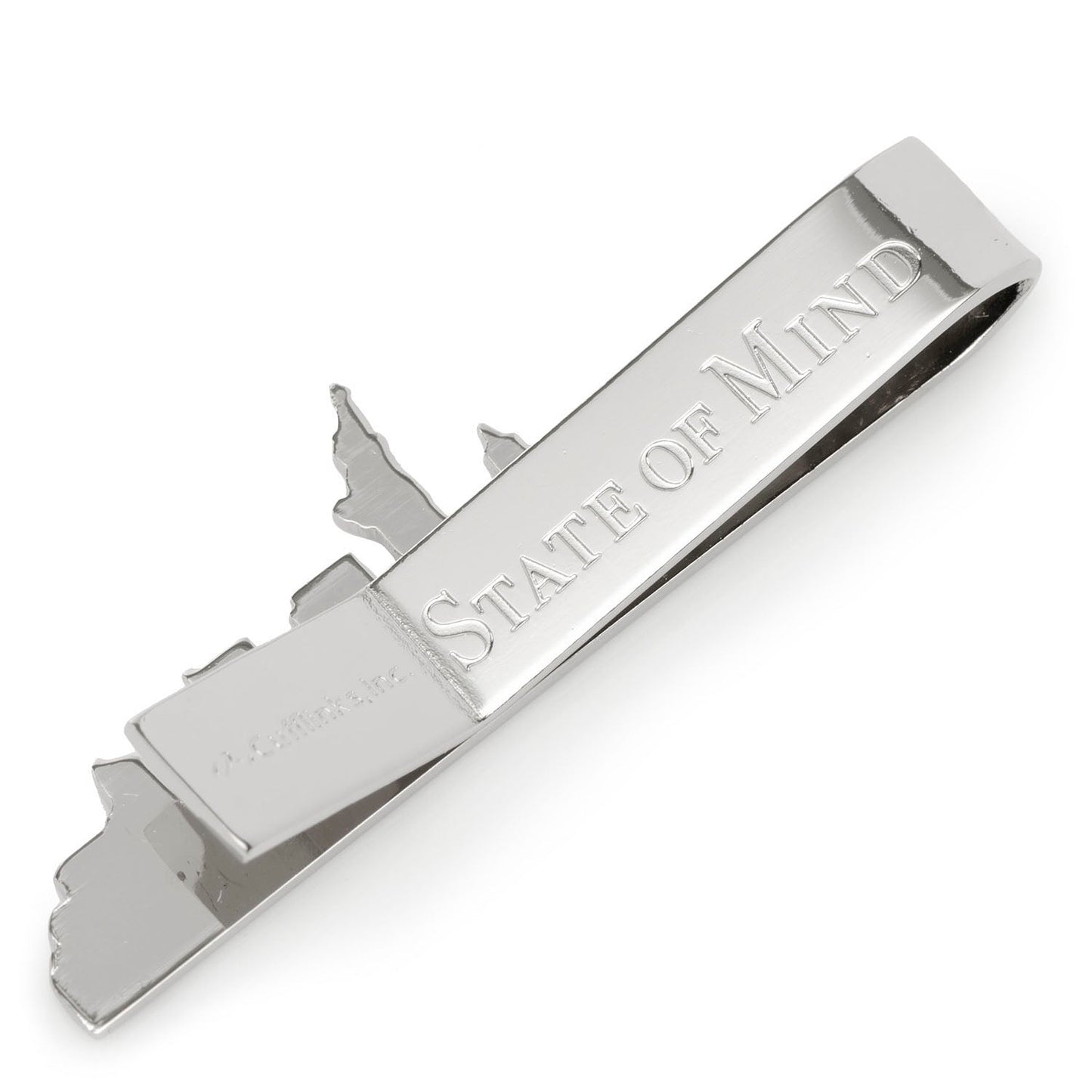 Silver tie clip with 'STATE OF MIND' engraving on a white background