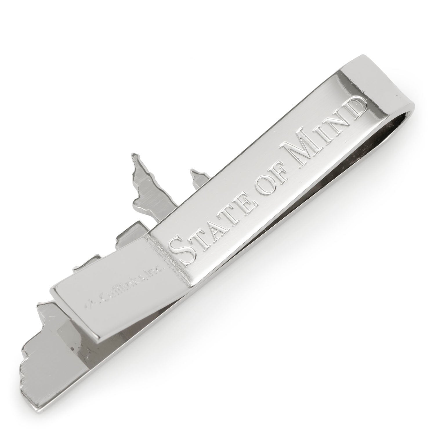 Silver tie clip with 'STATE OF MIND' engraving on a white background