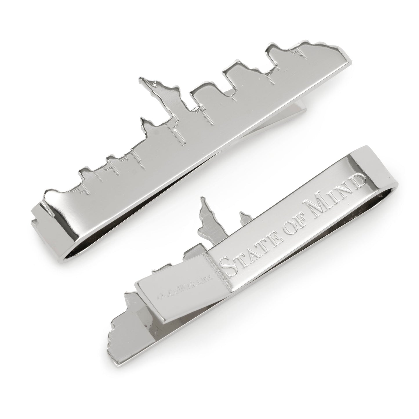 Silver tie clip with 'State of Mind' engraving on a white background