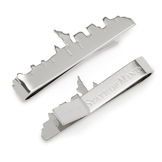 Silver tie clip with 'State of Mind' engraving on a white background