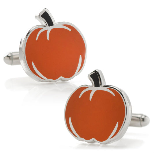 Pumpkin-shaped cufflinks on a white background