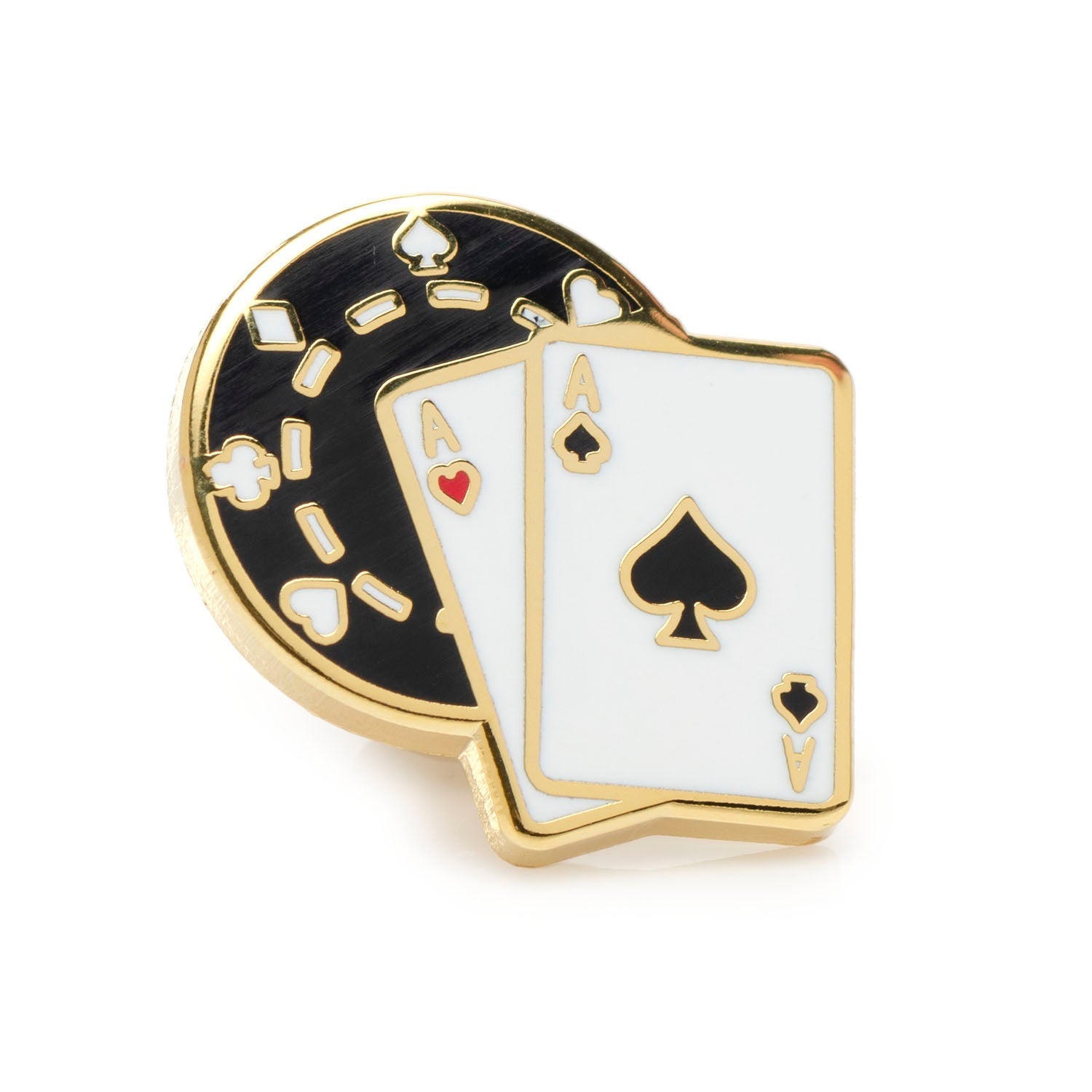 Poker-themed lapel pin with playing cards and poker chips on a white background