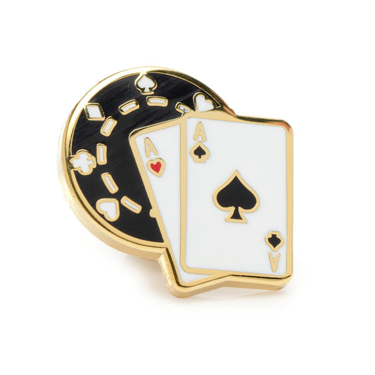 Poker-themed lapel pin with playing cards and poker chips on a white background