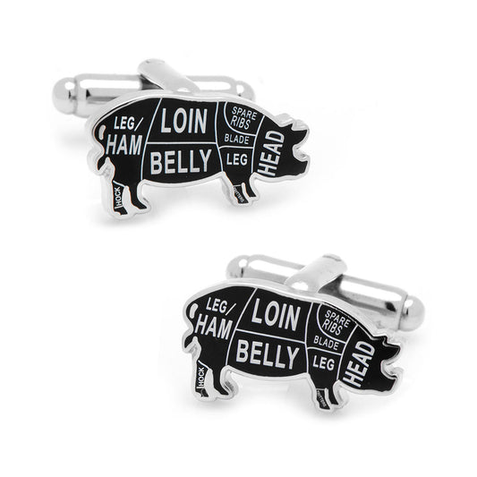 Pig-shaped cufflinks with labeled parts on a white background