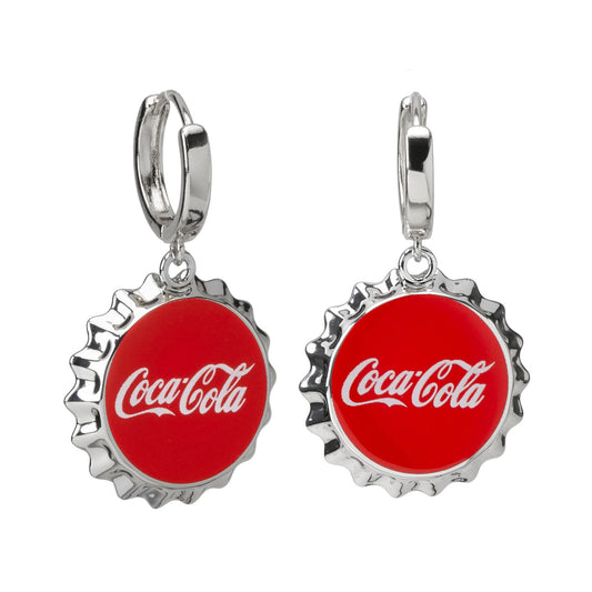 Coca-Cola bottle cap earrings on a white background