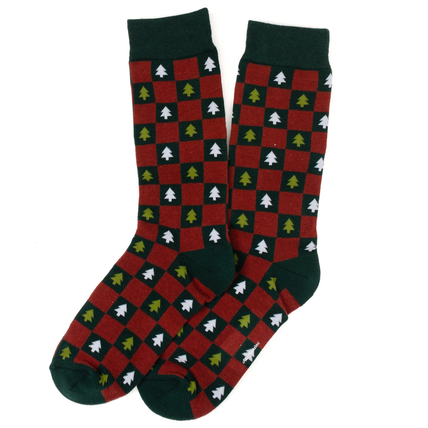 Pair of socks with a checkered pattern and tree design on a white background